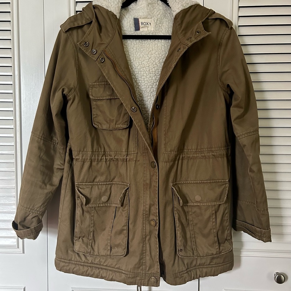 Small Roxy olive green winter zip up with sherpa lining